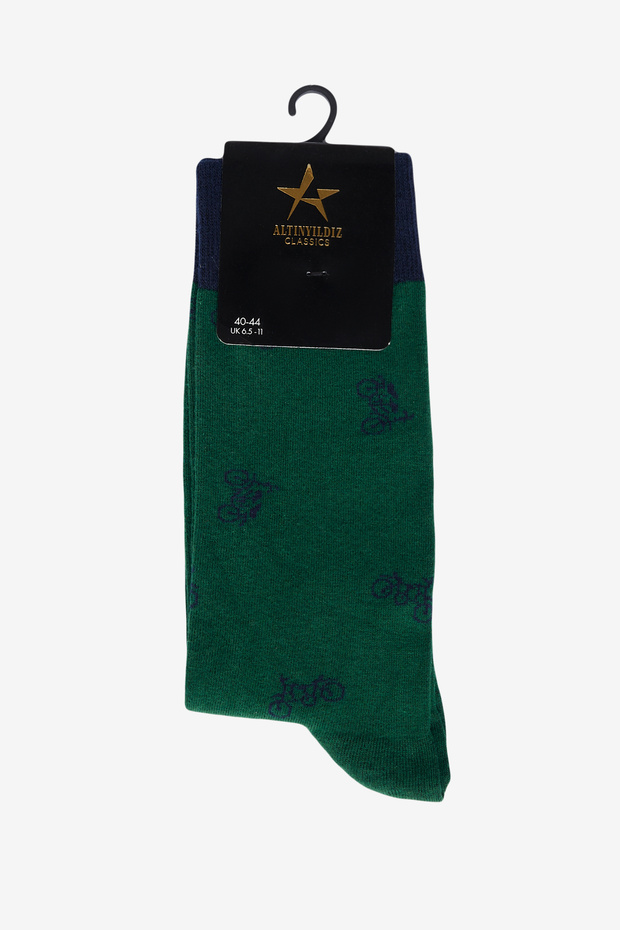 Men's Green-Navy Patterned Green Navy Cotton Casual Socks