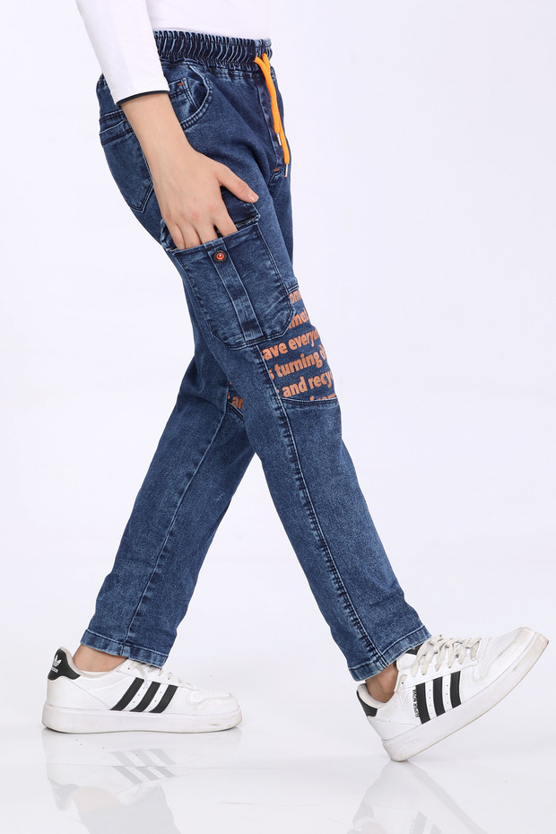 Erkek Çocuk Bel Lastikli İplikli Diz Baskılı Baskılı Jean Kot Pantolon 8023 - 2
