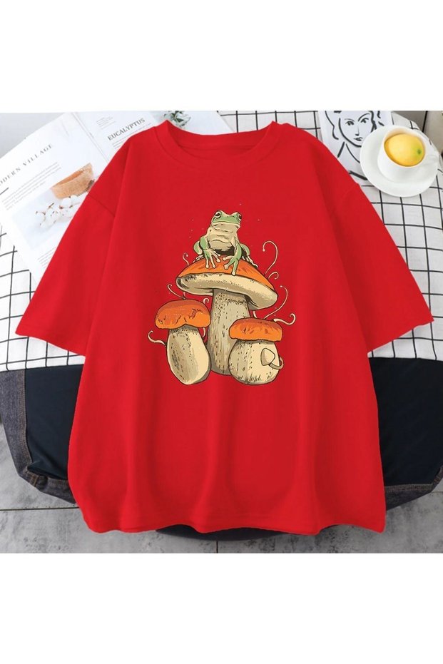 Men's Red Mushroom Printed Oversize Crew Neck Tshirt