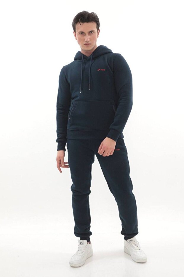 Men's Navy Blue Claret Red 3 Thread Hooded Sweat Top