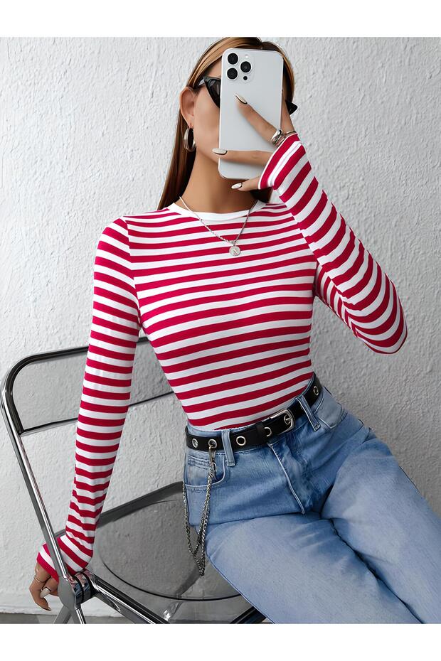 Women's Ribbed 100% COTTON Crew Neck Striped Knitted Camisole Long Sleeve CROP Blouse
