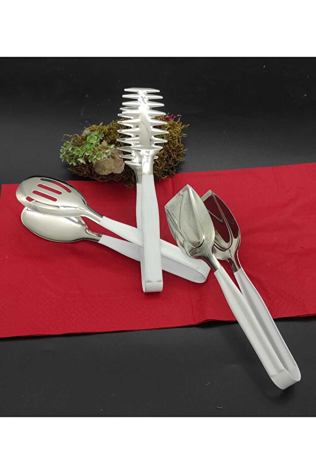 Beyaz Çelik 3 lü servis Maşa Seti - 1