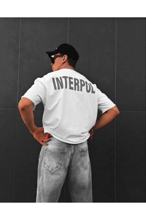 Men's White Interpol Printed Oversize Cotton Crew Neck T-shirt