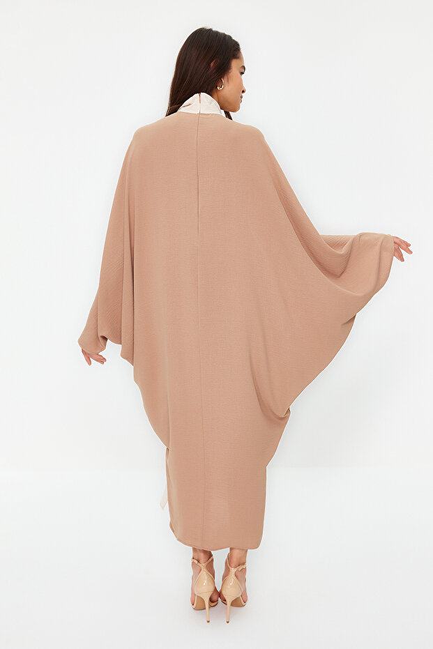 Taş Renk Bloklu Aerobin Dokuma Kaftan Elbise Jalabiya TCTSS24KK00000 - 7