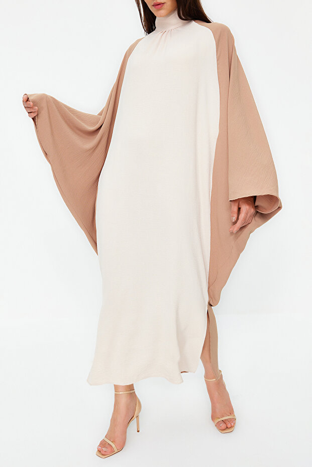 Taş Renk Bloklu Aerobin Dokuma Kaftan Elbise Jalabiya TCTSS24KK00000 - 3