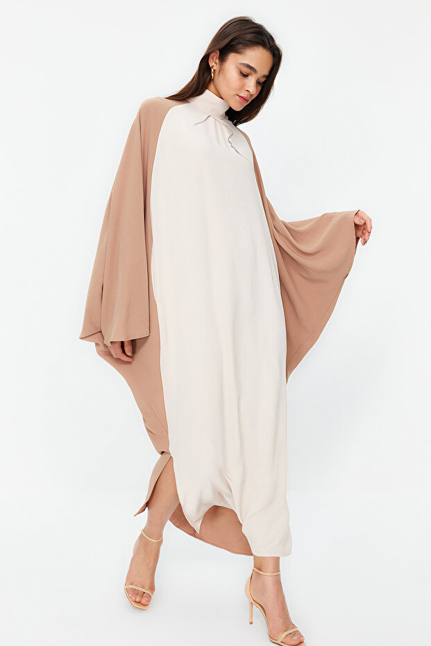 Taş Renk Bloklu Aerobin Dokuma Kaftan Elbise Jalabiya TCTSS24KK00000 - 5