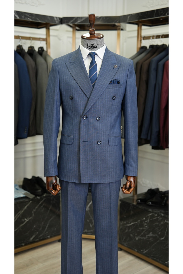 Men's Striped Double Breasted Suit Italian Style Slim Fit Jacket Pants