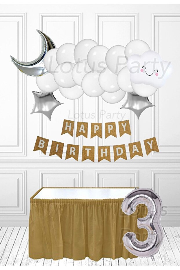 3 Years Old Cute Cloud Party Set - White Cloud Silver Moon and Silver Star White Balloon