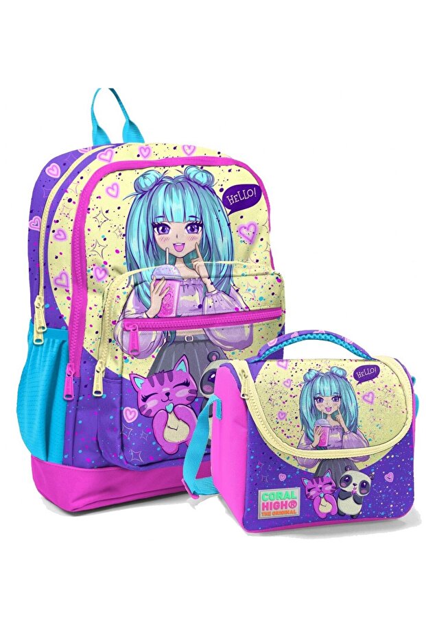 Purple Pink Anime School Backpack and Lunch Box Set - Girl - Four Compartments
