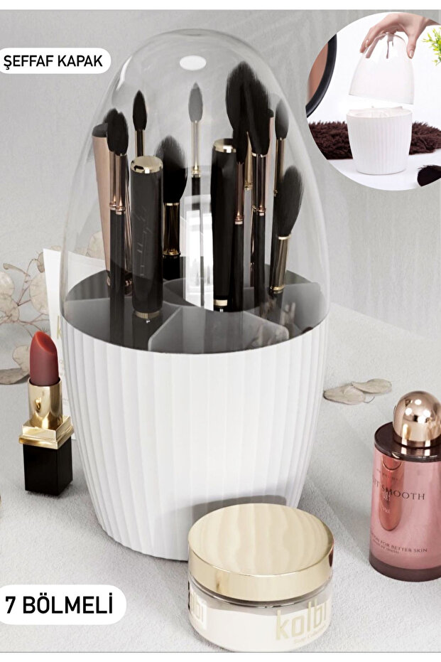 7 Compartment White Makeup Brush and Cosmetic Organizer with Transparent Cover Collector Organizer