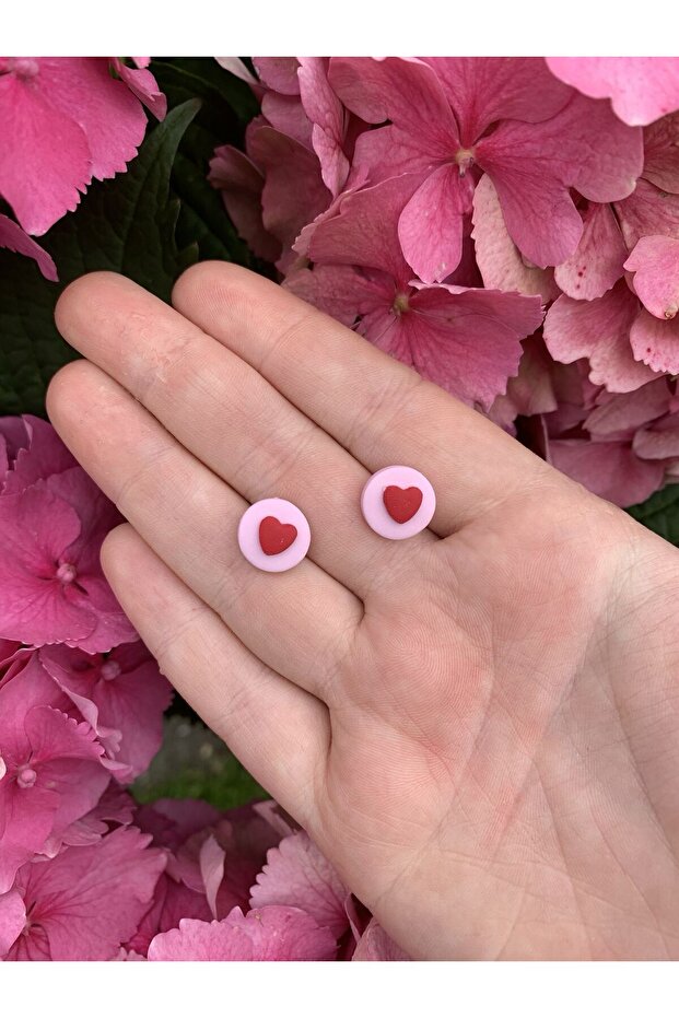 Pink Minimal Red Heart Patterned Polymer Earrings Special for Valentine's Day