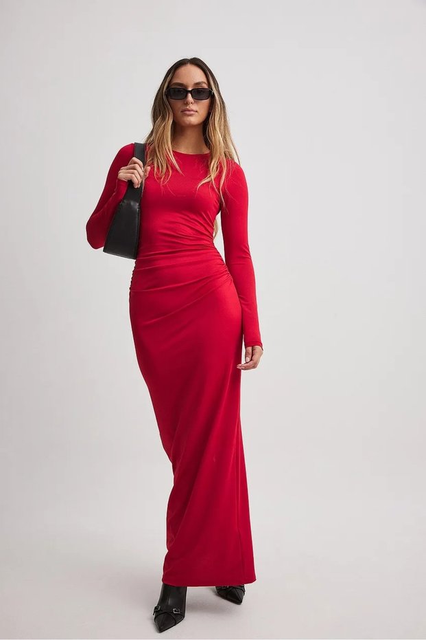Long Sleeve Flexible Sandy Maxi Dress with Side Gather Detail
