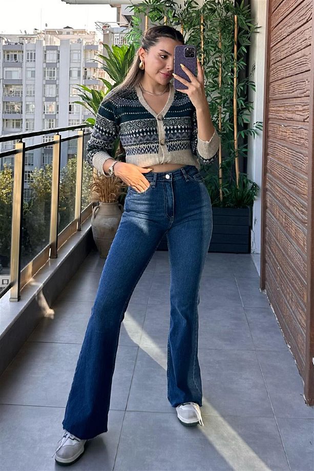 Monera Lacivert Solmaz Yüksek Bel Ispanyol Jeans Renk Solmayan Ispanyol 2024 - 1