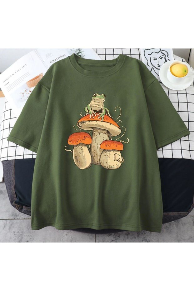 Men's Khaki Mushroom Printed Oversize Crew Neck Tshirt