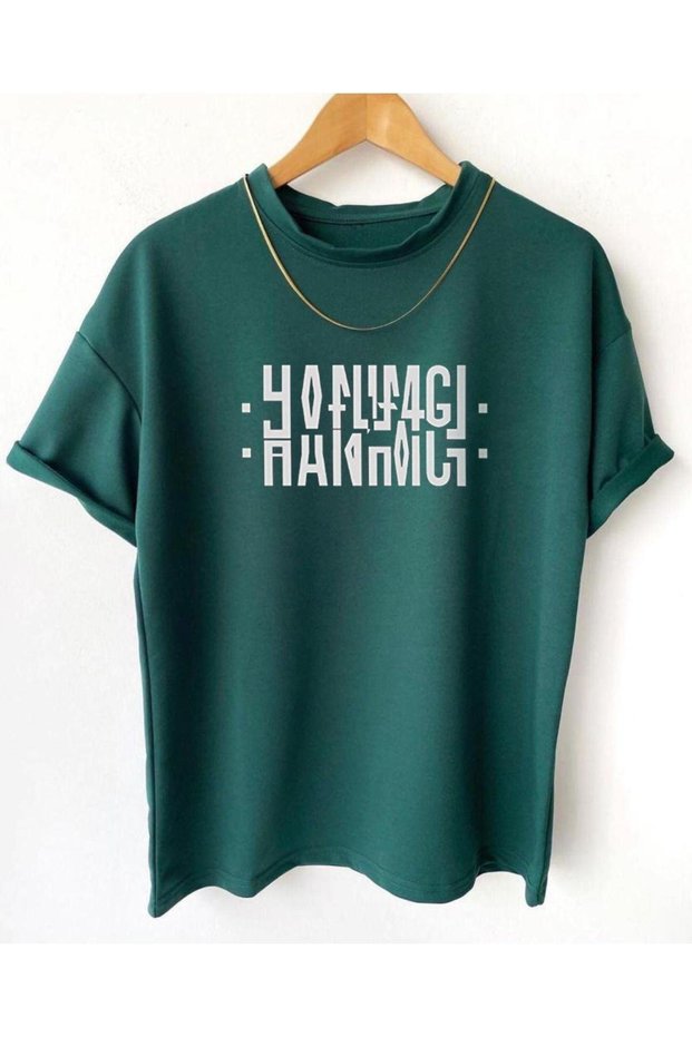 Unisex Green Hanımcı Printed Folded Crew Neck T-Shirt