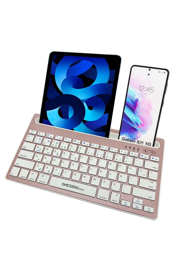 Bluetooth Klavye Multi Fonksiyonel Kablosuz Klavye 2 Cihaza Geçiş Stand Tutucu Türkçe Q Klavye Zr20 - 1