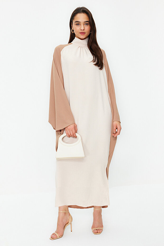 Taş Renk Bloklu Aerobin Dokuma Kaftan Elbise Jalabiya TCTSS24KK00000 - 1