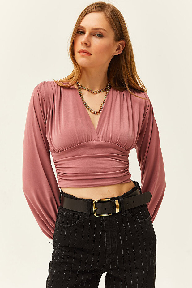 Women's Dusty Rose Deep Low-cut Crop Blouse with Waist Band BLZ-19001696