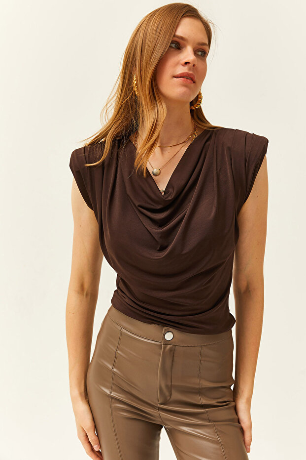 Women's Bitter Brown Padded Collar Loose Blouse BLZ-19002217