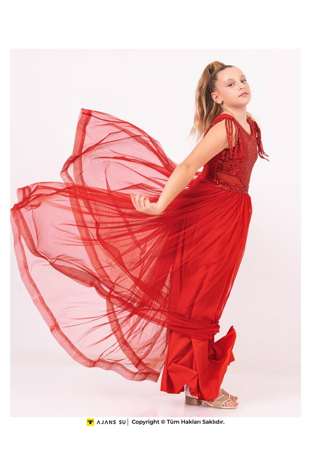 Model Evening Dress and Graduation Waist Detailed Girl Dress