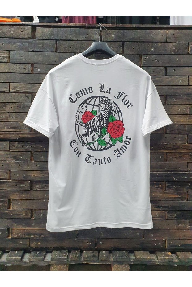 Unisex White Como La Flor Con Canto Amor Back Printed Front Chest Print Tshirt