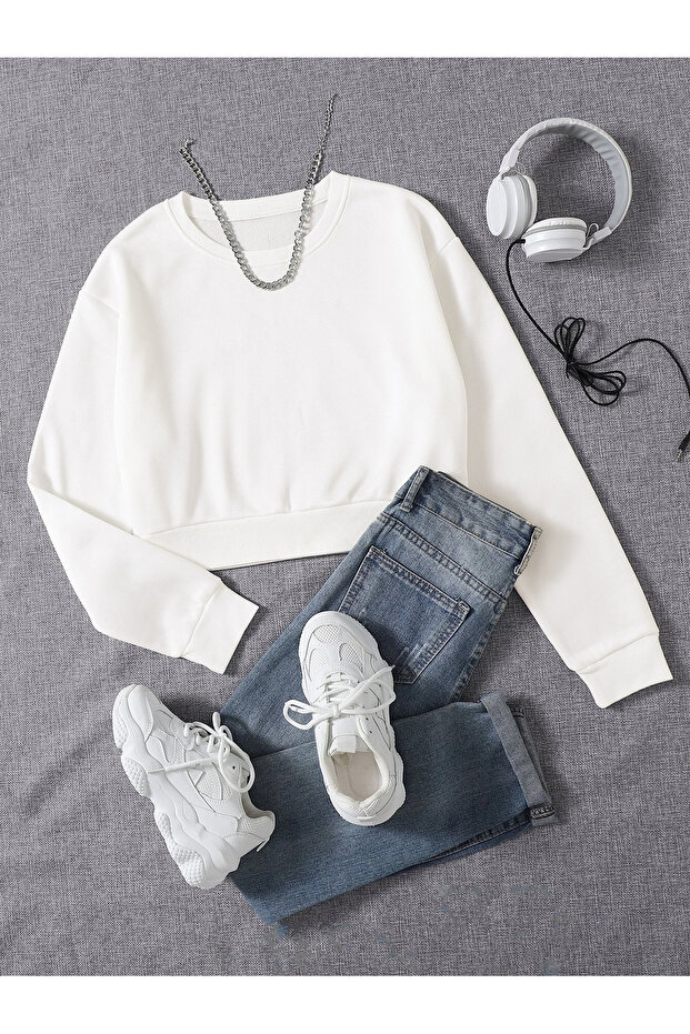 Women's Basic Crop Oversize Sweatshirt with Fleece Inside