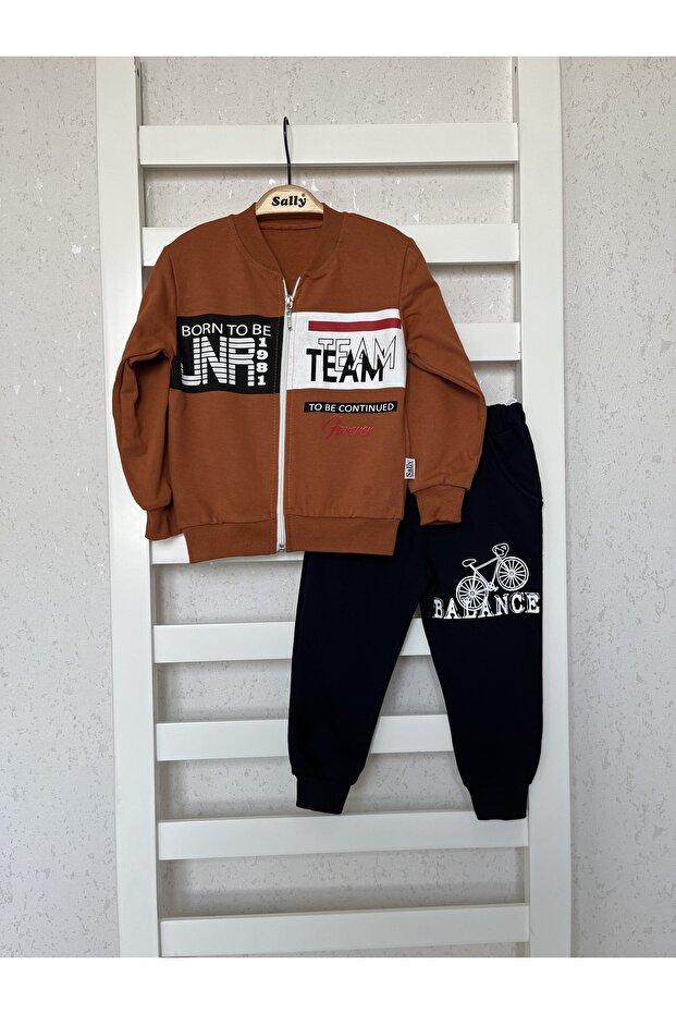 2 Thread Seasonal, Zippered, Text Printed Bottom and Top Set, Tracksuit Set
