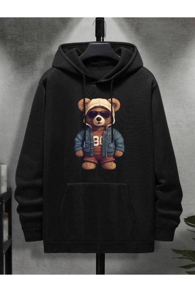 BLACK HOODED BEAR PRINTED SWEATSHIRT HOODIE
