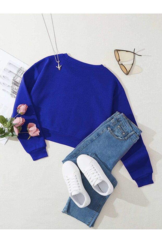 Kadın Basic Crop İçi Polarlı Oversize Sweatshirt - 2