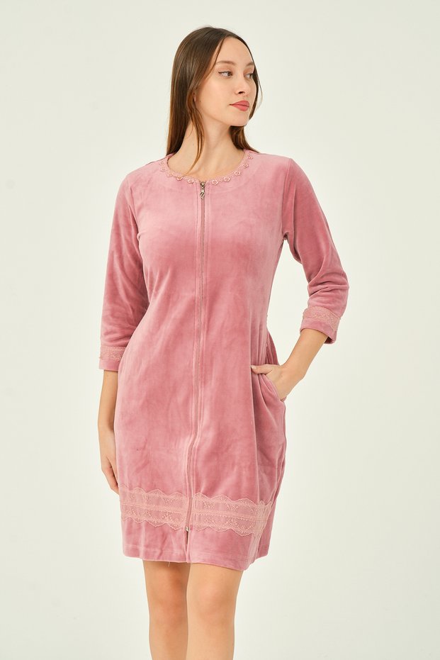 women zipper lace detailed 3/4 sleeve cotton velvet dress with pockets