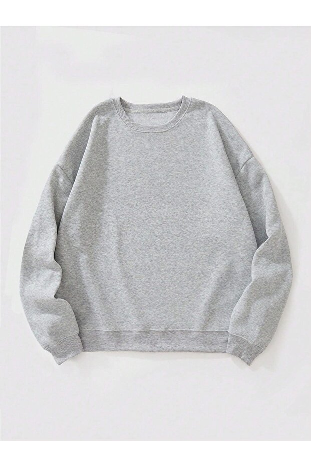 Women's Gray Oversize Crew Neck Basic Plain Sweatshirt