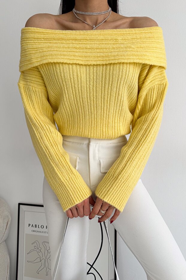 Women's Yellow Green Degaje Collar Ribbed Sweater