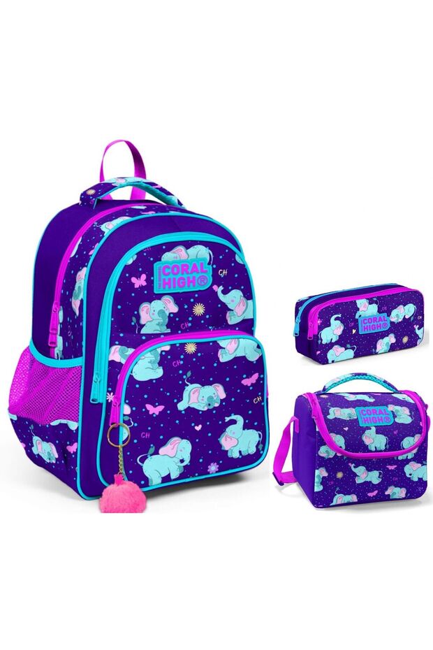 Purple Elephant Girl's Triple Primary School School Bag Set