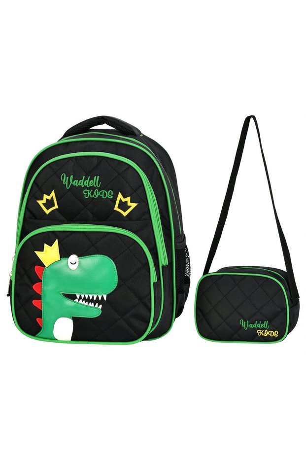 Waddell Black Green Dinosaur Printed Primary School Bag - Waddell Bag School Bag Set - Girl