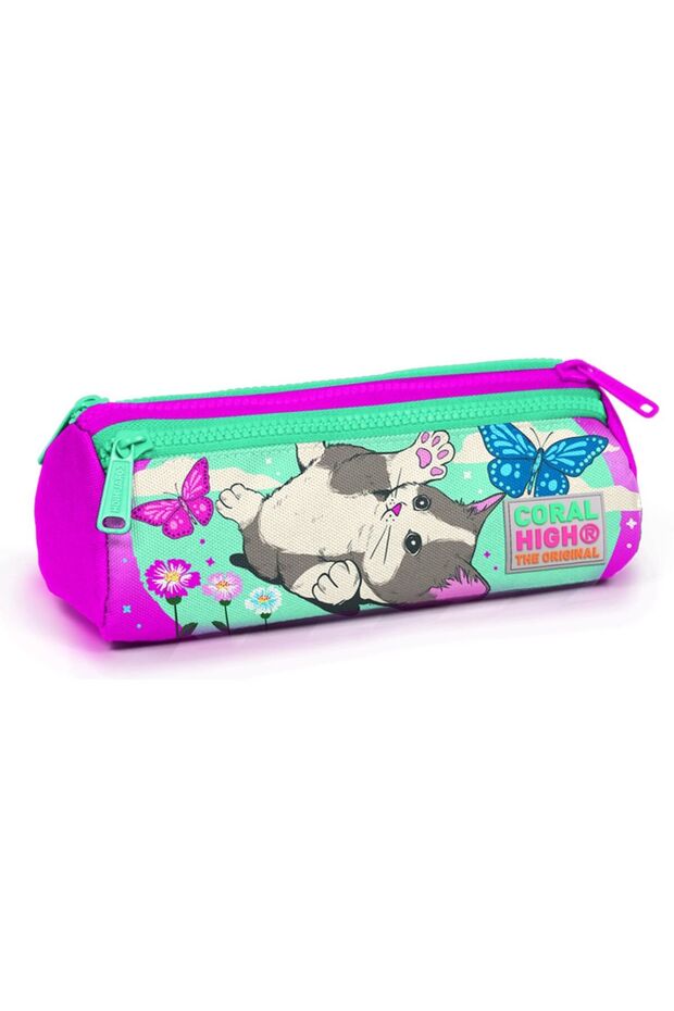 Pink Cute Cat Printed Three Compartment Pencil Bag - Girl