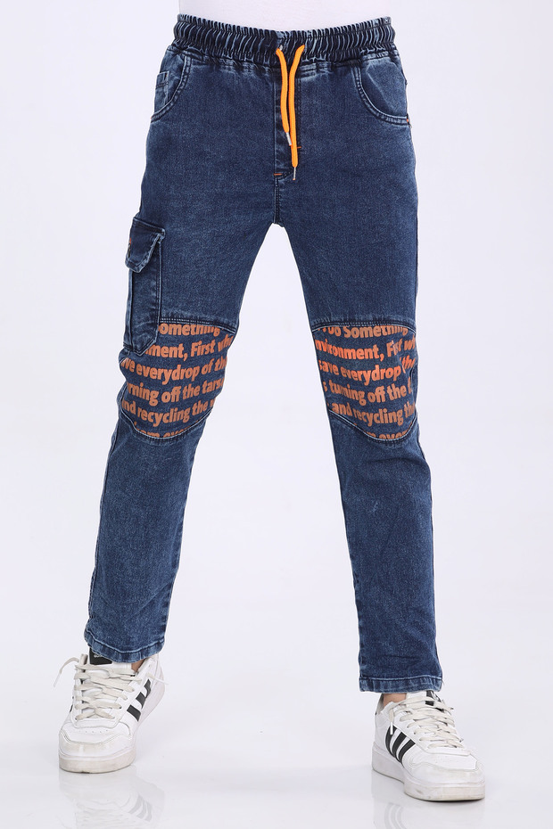 Erkek Çocuk Bel Lastikli İplikli Diz Baskılı Baskılı Jean Kot Pantolon 8023 - 1