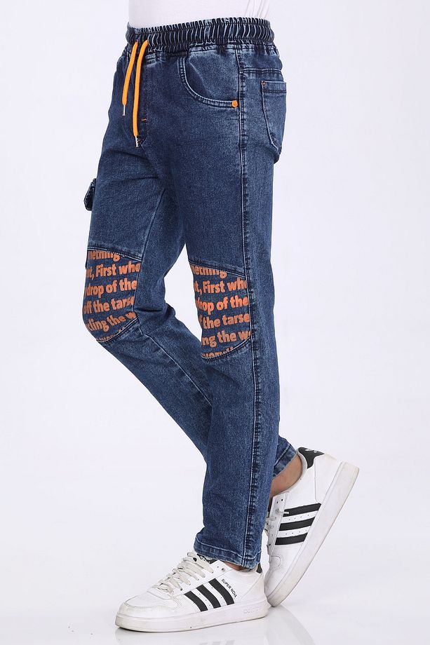 Erkek Çocuk Bel Lastikli İplikli Diz Baskılı Baskılı Jean Kot Pantolon 8023 - 3