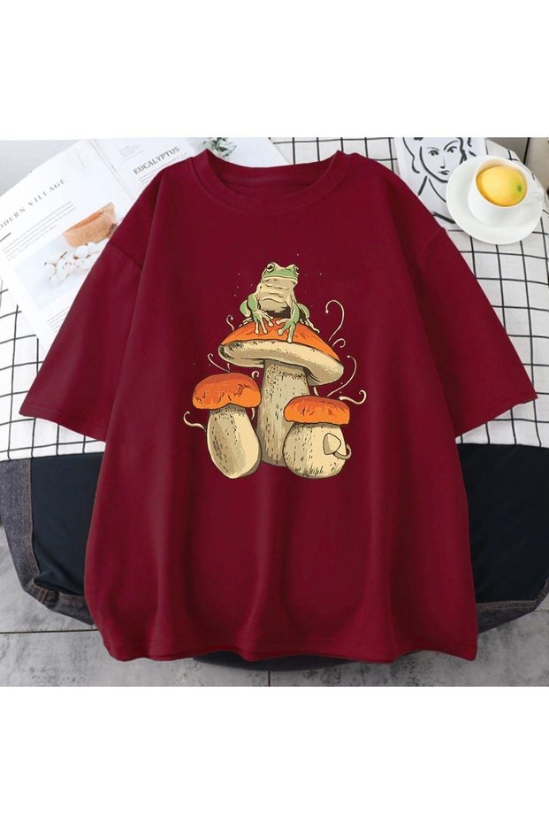 Men's Burgundy Mushroom Printed Oversize Crew Neck Tshirt