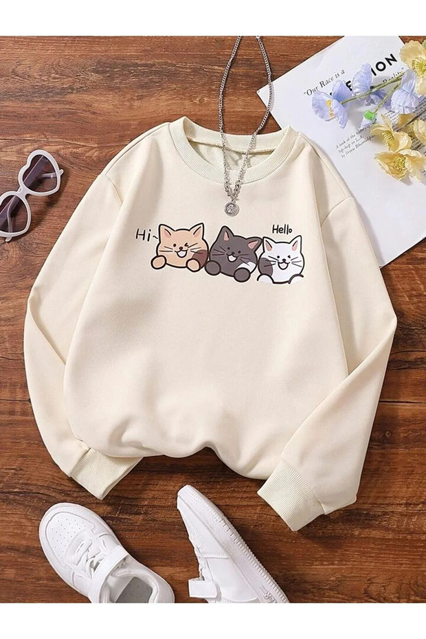 سويت شيرت بقلنسوة مقاس كبير للجنسين مطبوع عليه Hello 3 Cat