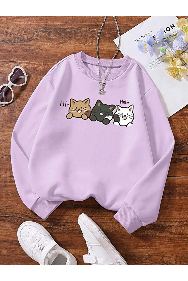 سويت شيرت بقلنسوة كبير الحجم مطبوع عليه Hello 3 Cat للأطفال