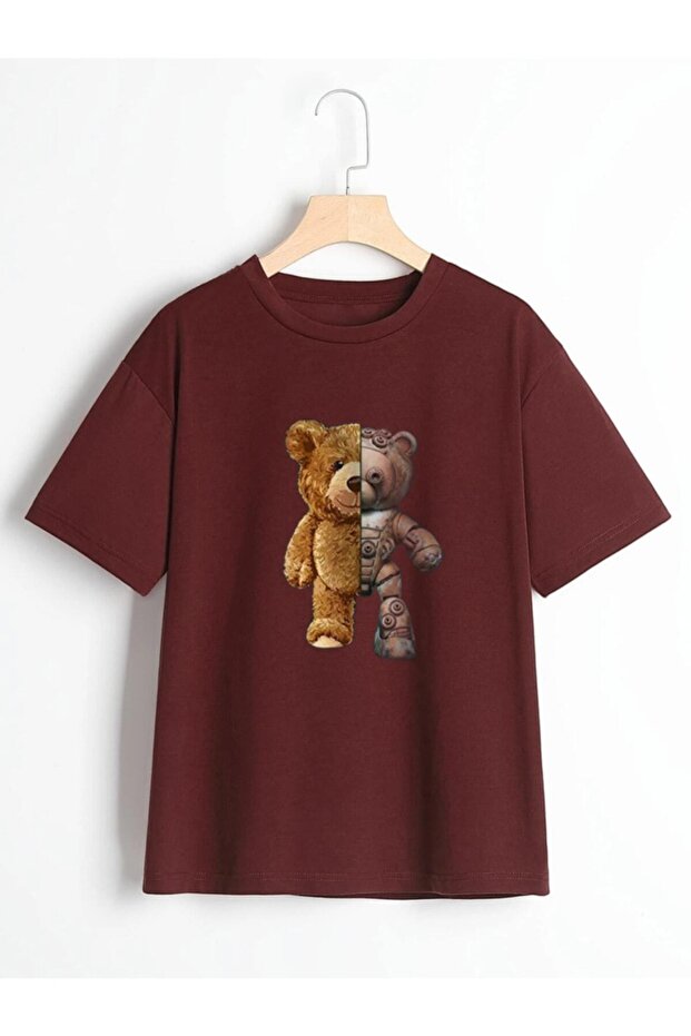 Unisex Claret Red Robotic Teddy Bear Printed Oversize Crew Neck T-shirt