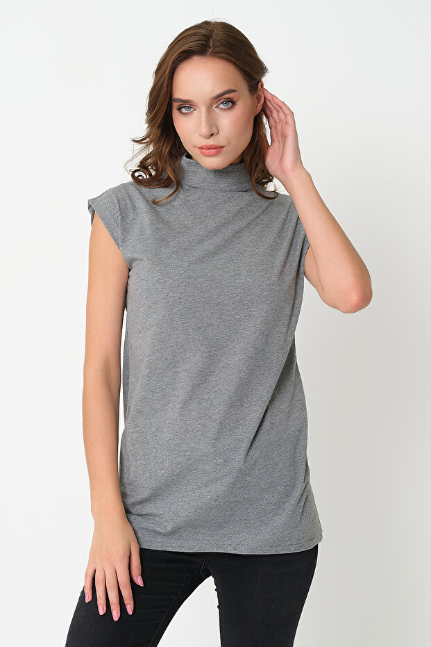 Women's Stand Collar Sleeveless Knitted 100% Cotton Tunic Gray
