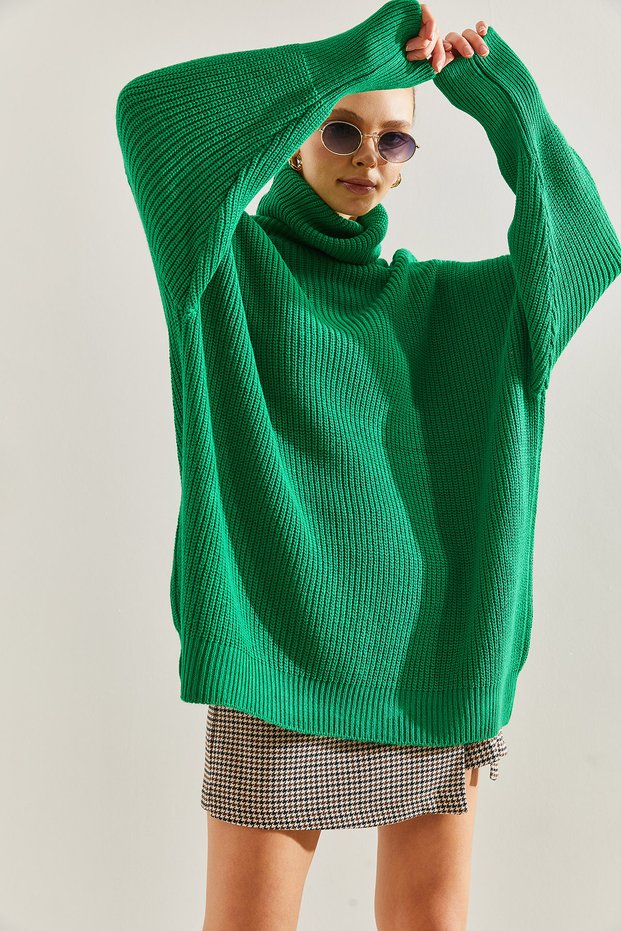 Women's Green Turtleneck Hair Braided Knitwear Sweater Stk181