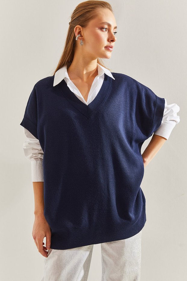 Women's Navy Blue V-Neck Short Sleeve Knitwear Sweater Stk175