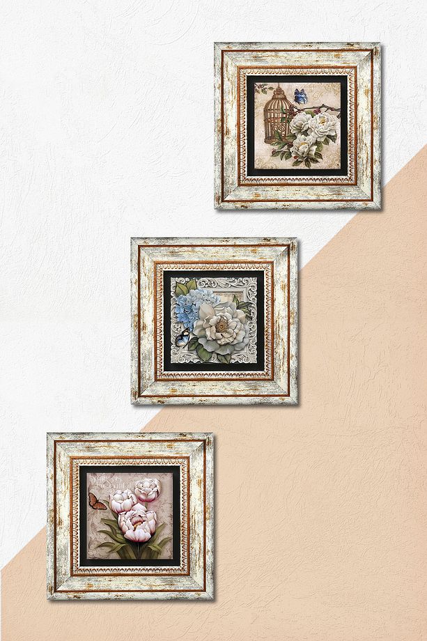Kelebekli Çiçek Taş Duvar Tablosu Çerçeveli Duvar Dekoru 3 Parça Tablo Seti Wall Art - 5