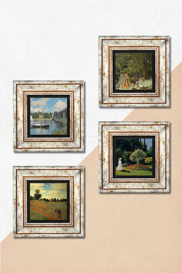 Monet Kırda Öğle Yemeği, Bahçedeki Kadın, Köprü, Gelincikler Taş Duvar Tablo Çerçeveli Duvar Dekoru - 5