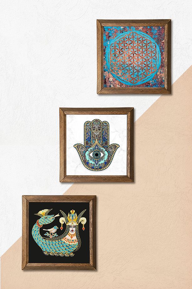 Yaşam Çiçeği, Şahmeran, Fatma Ana Eli (HAMSA) Taş Duvar Tablosu Ahşap Çerçeveli Duvar Dekoru - 5