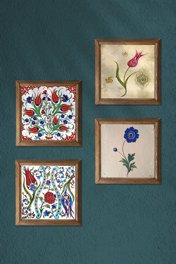 Ebru Sanatı, Lale Taş Duvar Tablosu Ahşap Çerçeveli Duvar Dekoru 4 Parça Tablo Seti Wall Art W4-701 - 3