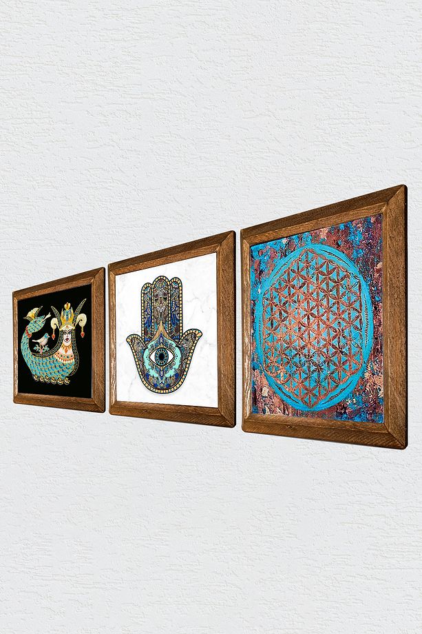 Yaşam Çiçeği, Şahmeran, Fatma Ana Eli (HAMSA) Taş Duvar Tablosu Ahşap Çerçeveli Duvar Dekoru - 2