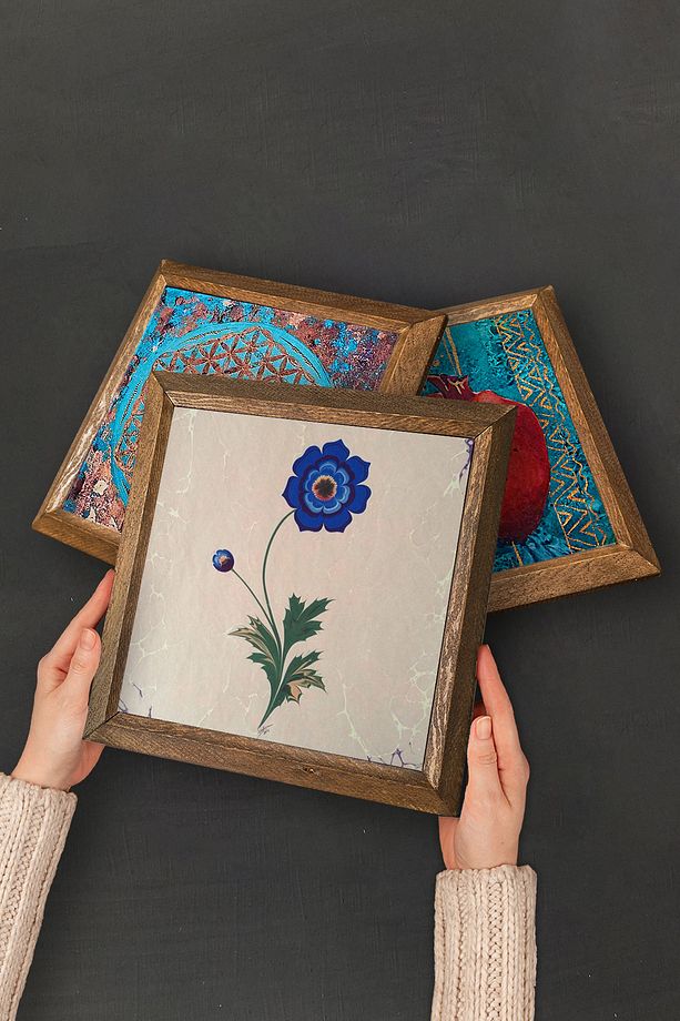 Ebru Sanatı, Lale Taş Duvar Tablosu Ahşap Çerçeveli Duvar Dekoru 4 Parça Tablo Seti Wall Art W4-701 - 4